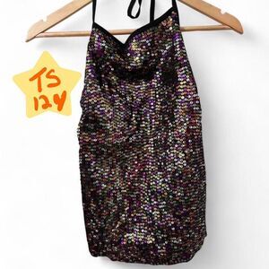 Green Orange Silver & Purple Sequin open back tie top